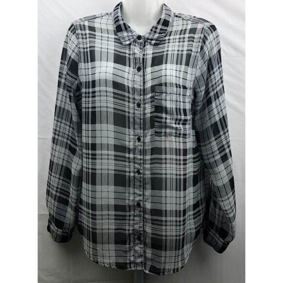 Old Navy Sheer Button Up Shirt Women Medium Black White Plaid Long Sleeves - Picture 1 of 9